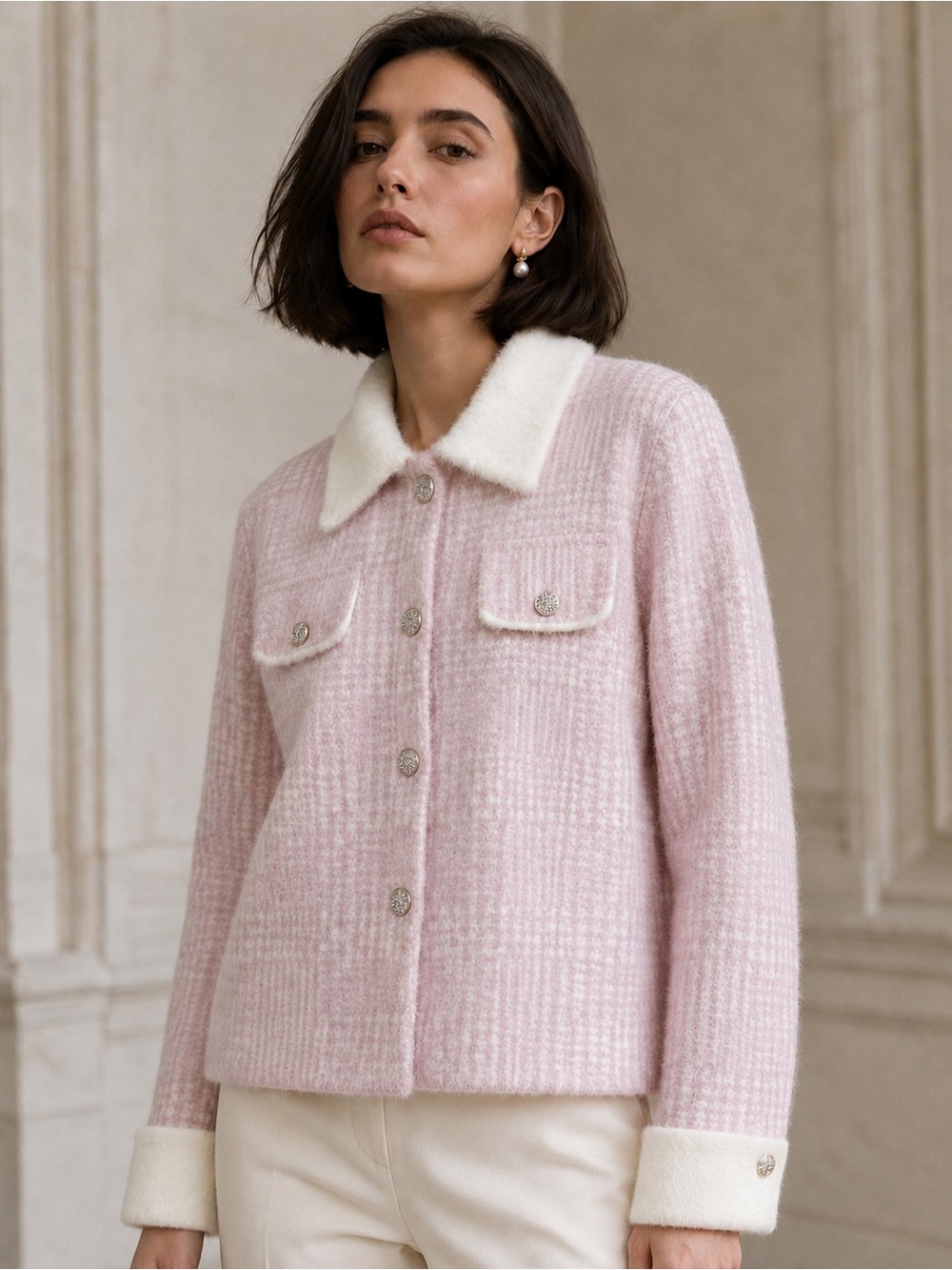 BIRCH NY Pink Houndstooth Fuzzy Sweater Jacket Medium
